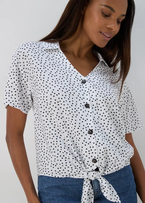 White Spot Print Tie Front Viscose Shirt - 8 Image 3