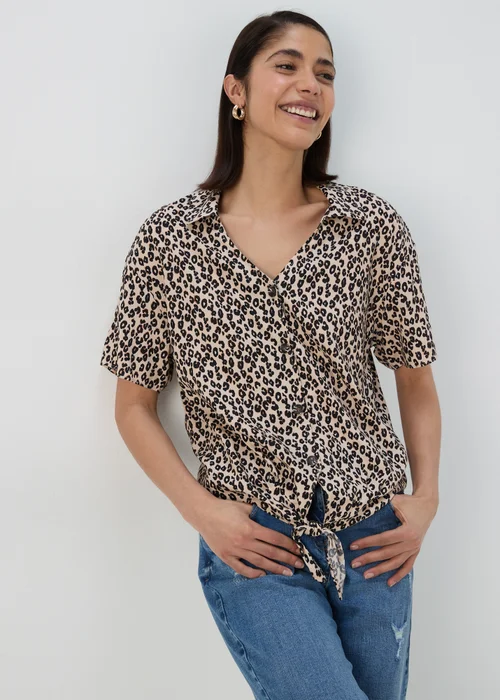 Brown Animal Print Tie Front Viscose Shirt - 8 Image 3