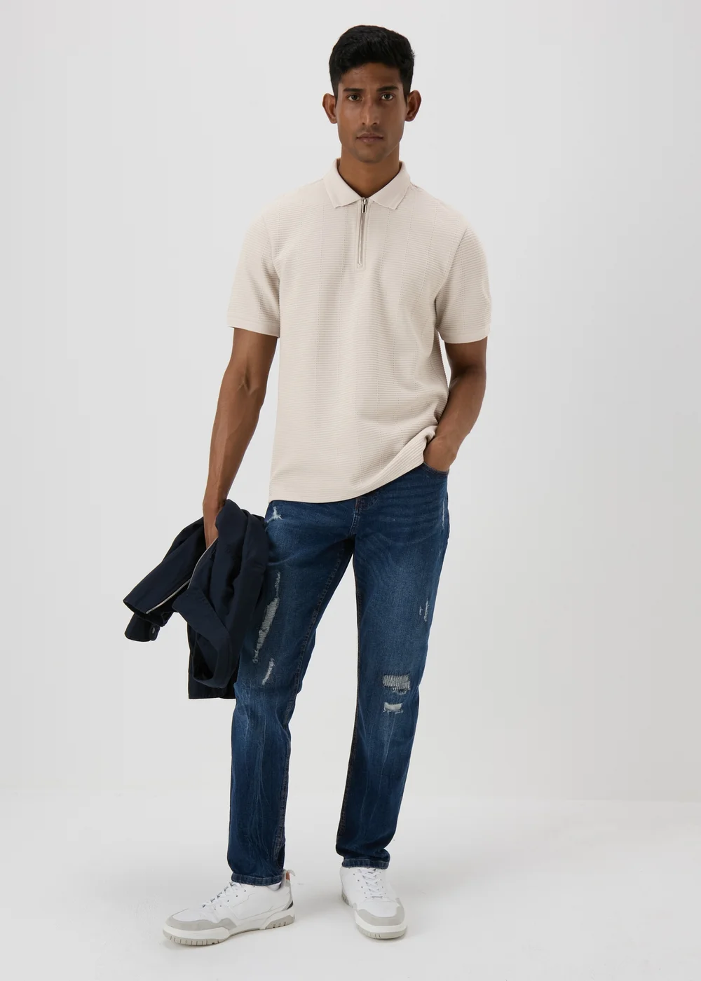 Ecru Textured Zip Polo Shirt - S Image 1