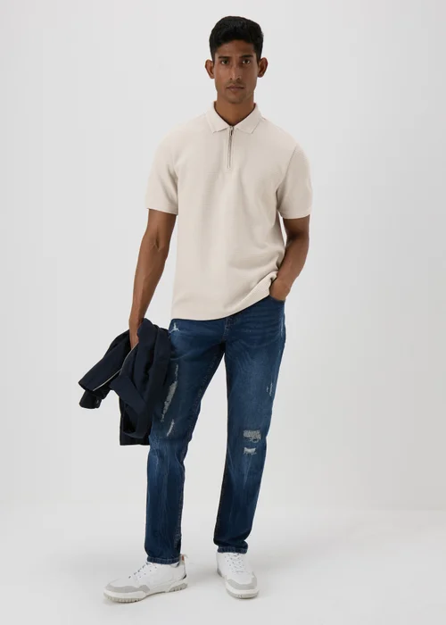 Ecru Textured Zip Polo Shirt - S Image 1