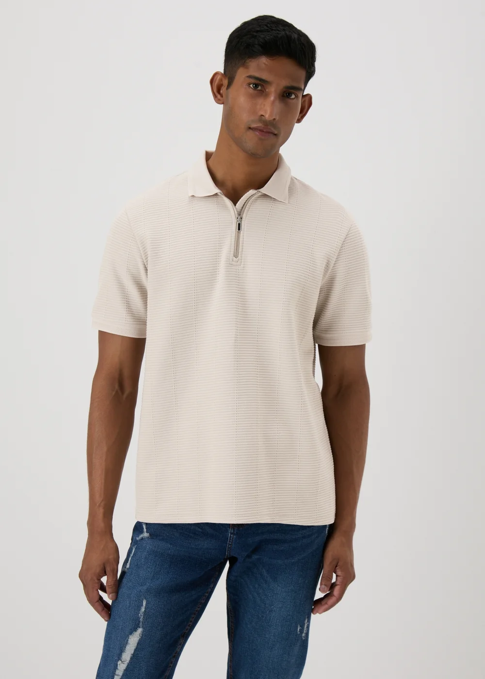 Ecru Textured Zip Polo Shirt - S Image 4