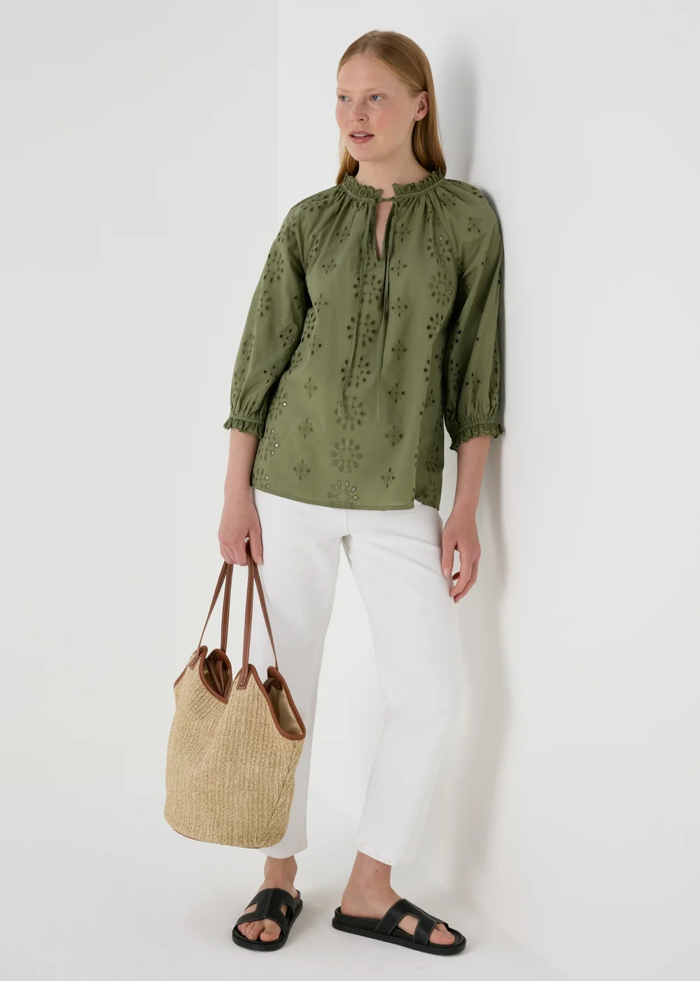 Khaki Broid Peasant Blouse Top - 8 Image 4