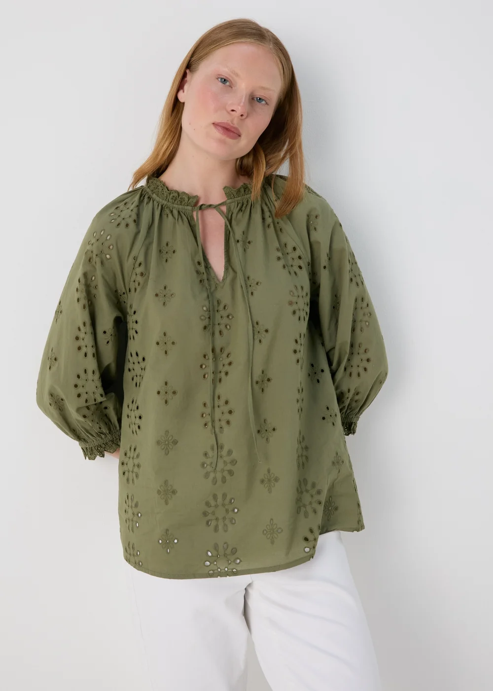 Khaki Broid Peasant Blouse Top - 8 Image 3
