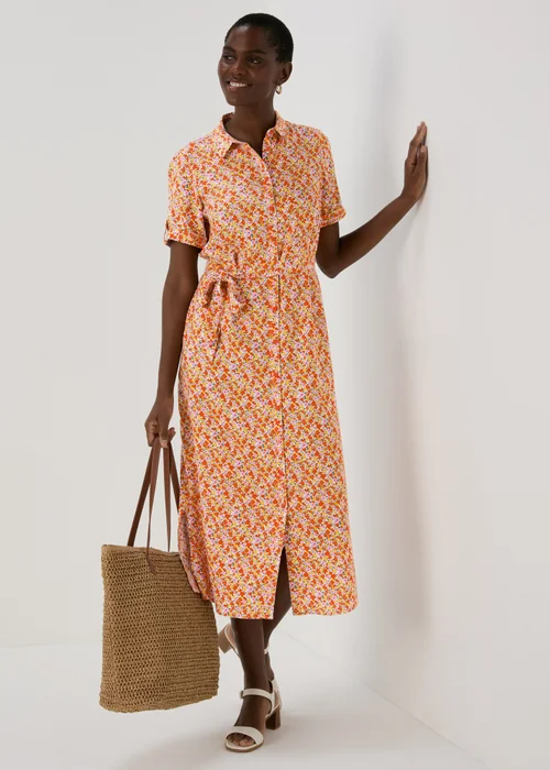 Orange Floral Viscose Shirt Dress - 8 Image 4