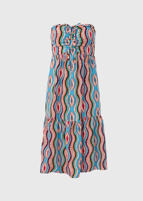 Blue Aztec Ruched Bandeau Midi Dress - 8 Image 5