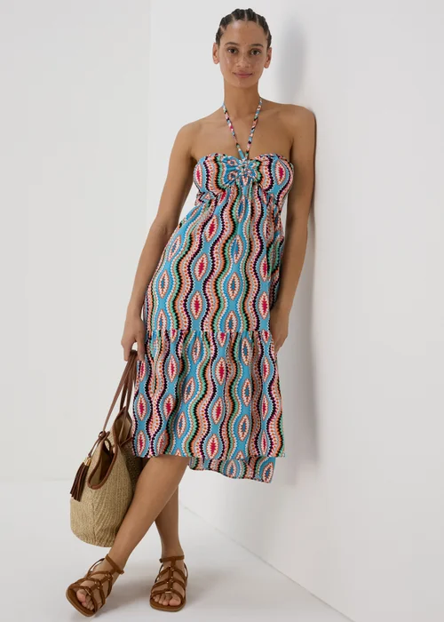 Blue Aztec Ruched Bandeau Midi Dress - 8 Image 4