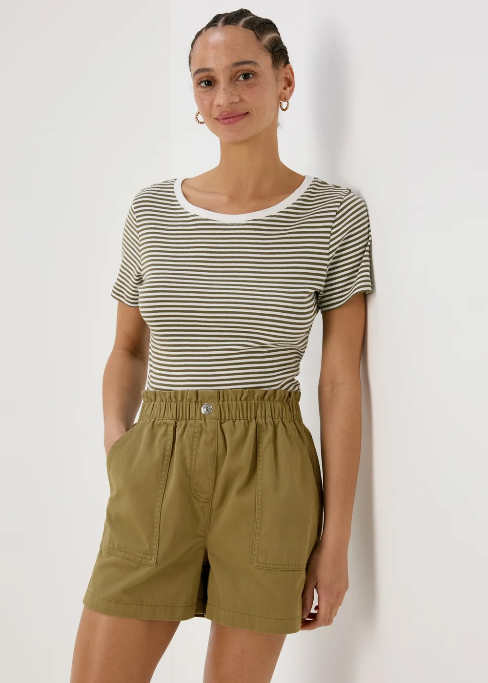 Khaki Denim Paperbag Shorts - 8 Image 1