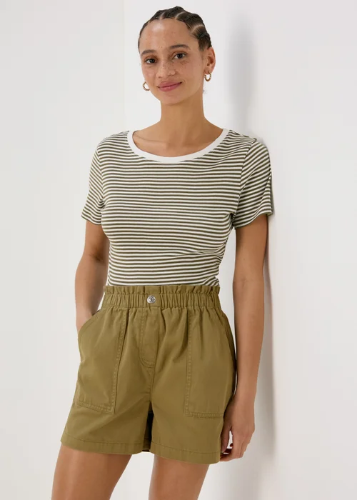 Khaki Denim Paperbag Shorts - 8 Image 1