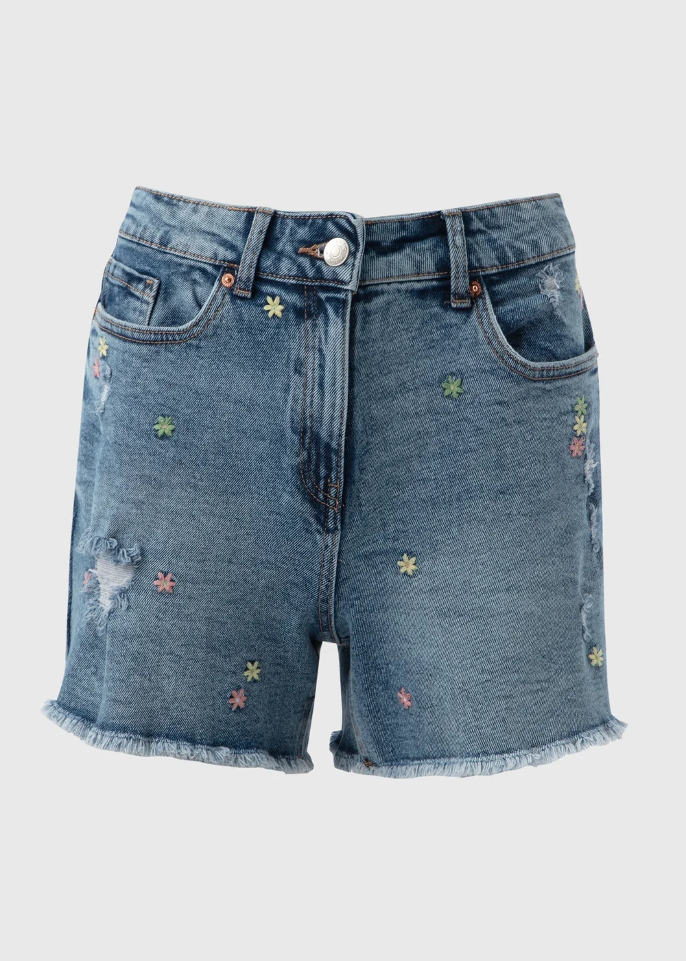 Mid Wash Embroidered Denim Shorts - 8 Image 1