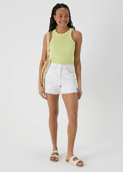 Ecru Embroidered Denim Shorts - 8 Image 4