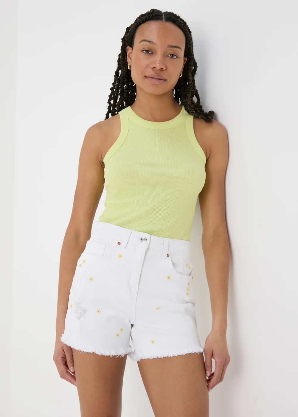 Ecru Embroidered Denim Shorts - 8 Image 1