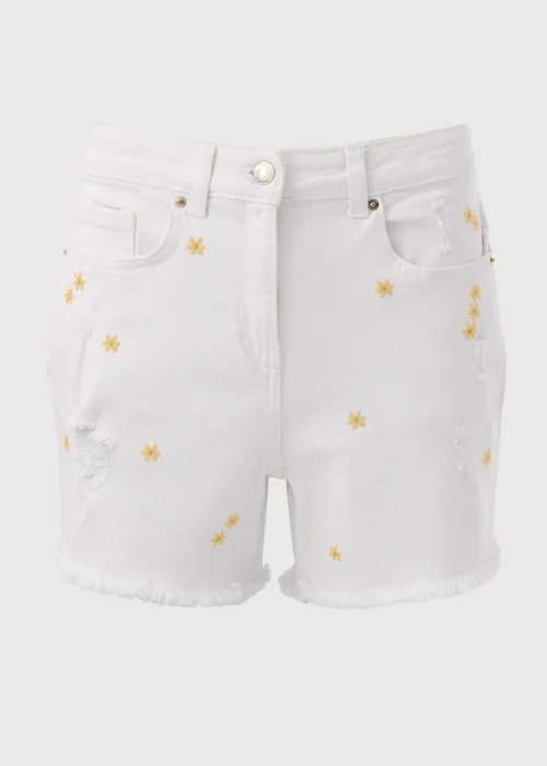 Ecru Embroidered Denim Shorts - 8 Image 5