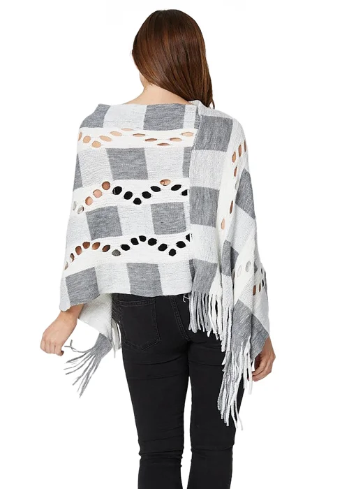 Izabel London Cream Open Knit Fringed Poncho - S/M Image 2