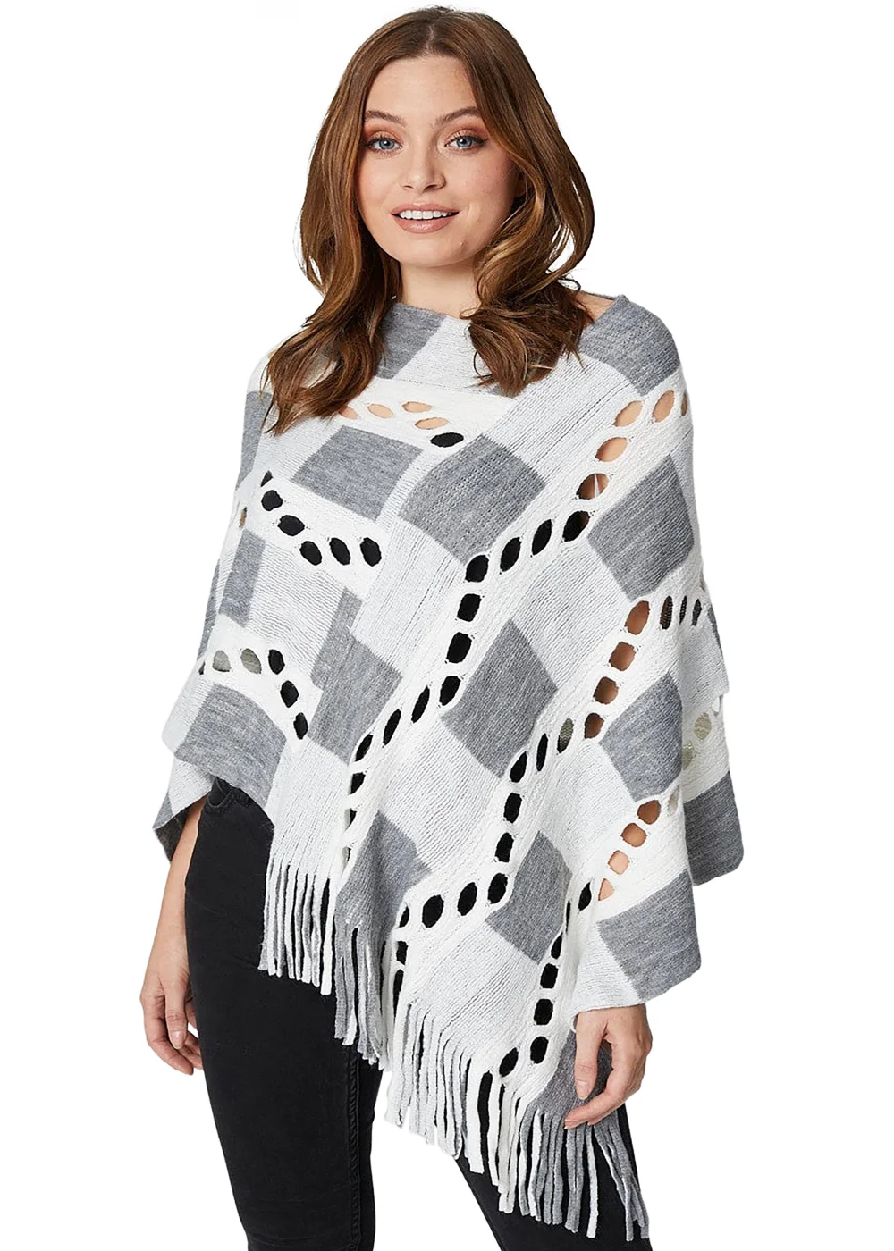 Izabel London Cream Open Knit Fringed Poncho - S/M Image 1