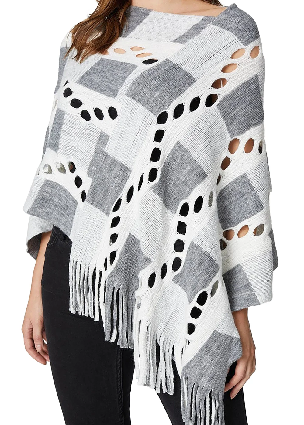 Izabel London Cream Open Knit Fringed Poncho - S/M Image 3