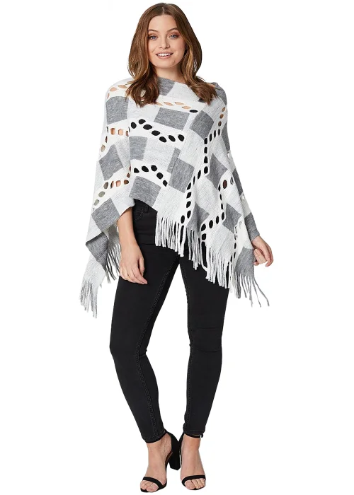 Izabel London Cream Open Knit Fringed Poncho - S/M Image 4