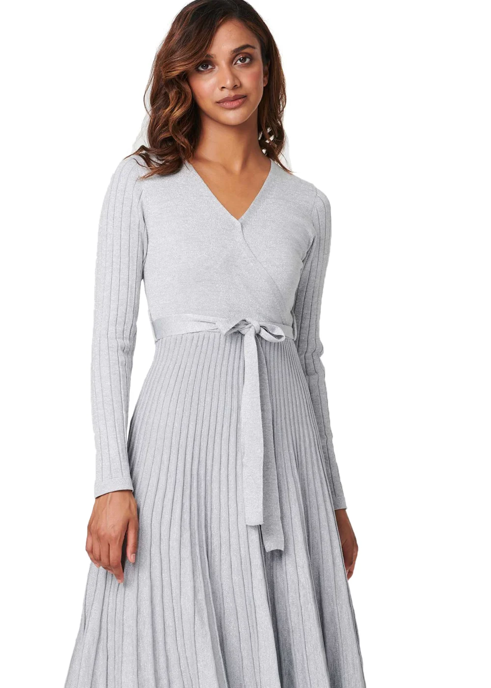 Izabel London Silver Pleated Tie Waist Knit Midi Dress - 10 Izabel London Silver Pleated Tie Waist Knit Midi Dress - 10