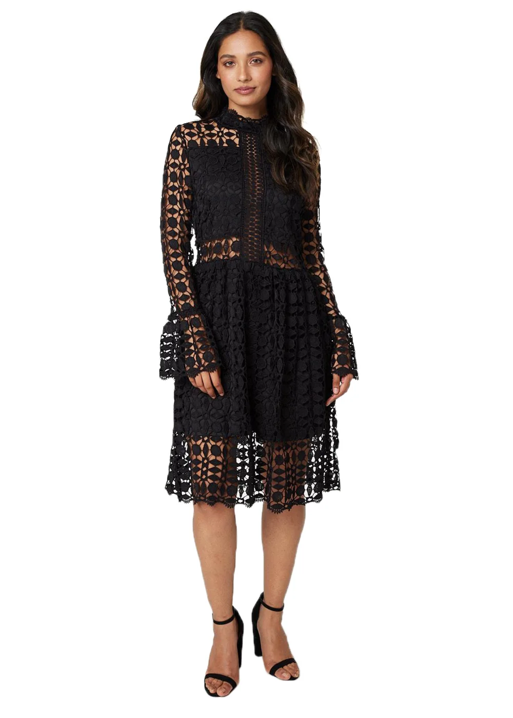 Izabel London Black Lace Semi Sheer Skater Dress - 16 Izabel London Black Lace Semi Sheer Skater Dress - 16