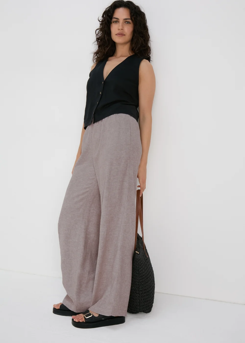 Beige Wide Leg Linen Trousers - 8 Image 1