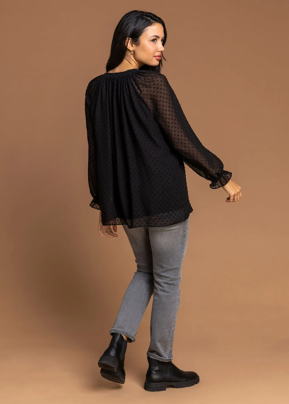 Roman Black Textured Spot Print Long Sleeve Chiffon Blouse - Size 16 Image 3