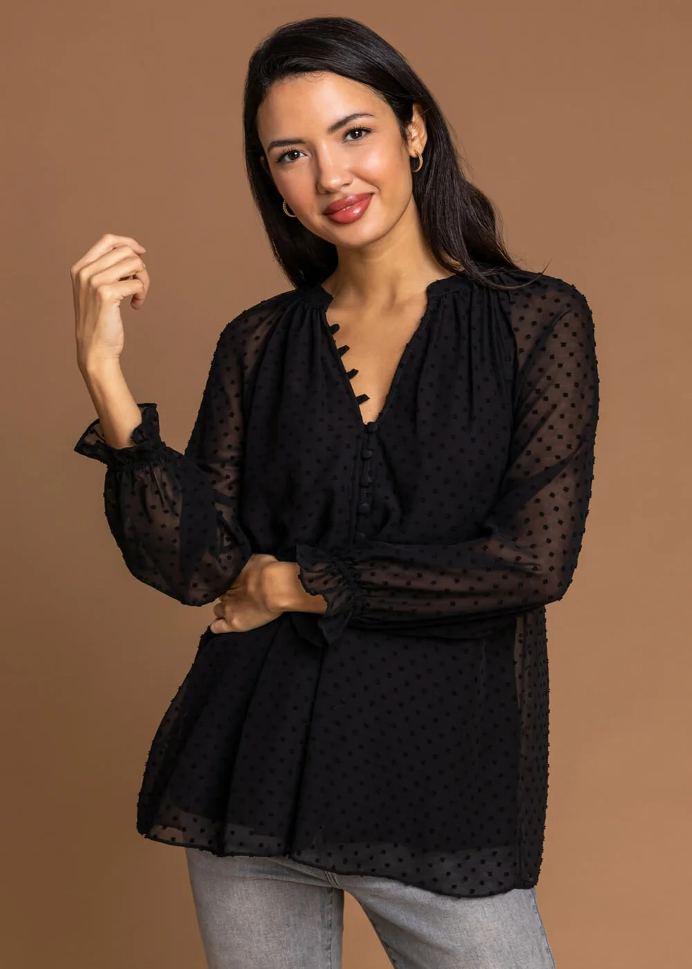 Roman Black Textured Spot Print Long Sleeve Chiffon Blouse - Size 16 Image 2