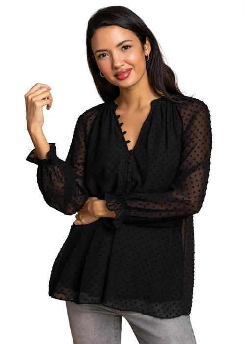 Roman Black Textured Spot Print Long Sleeve Chiffon Blouse - Size 16 Image 1