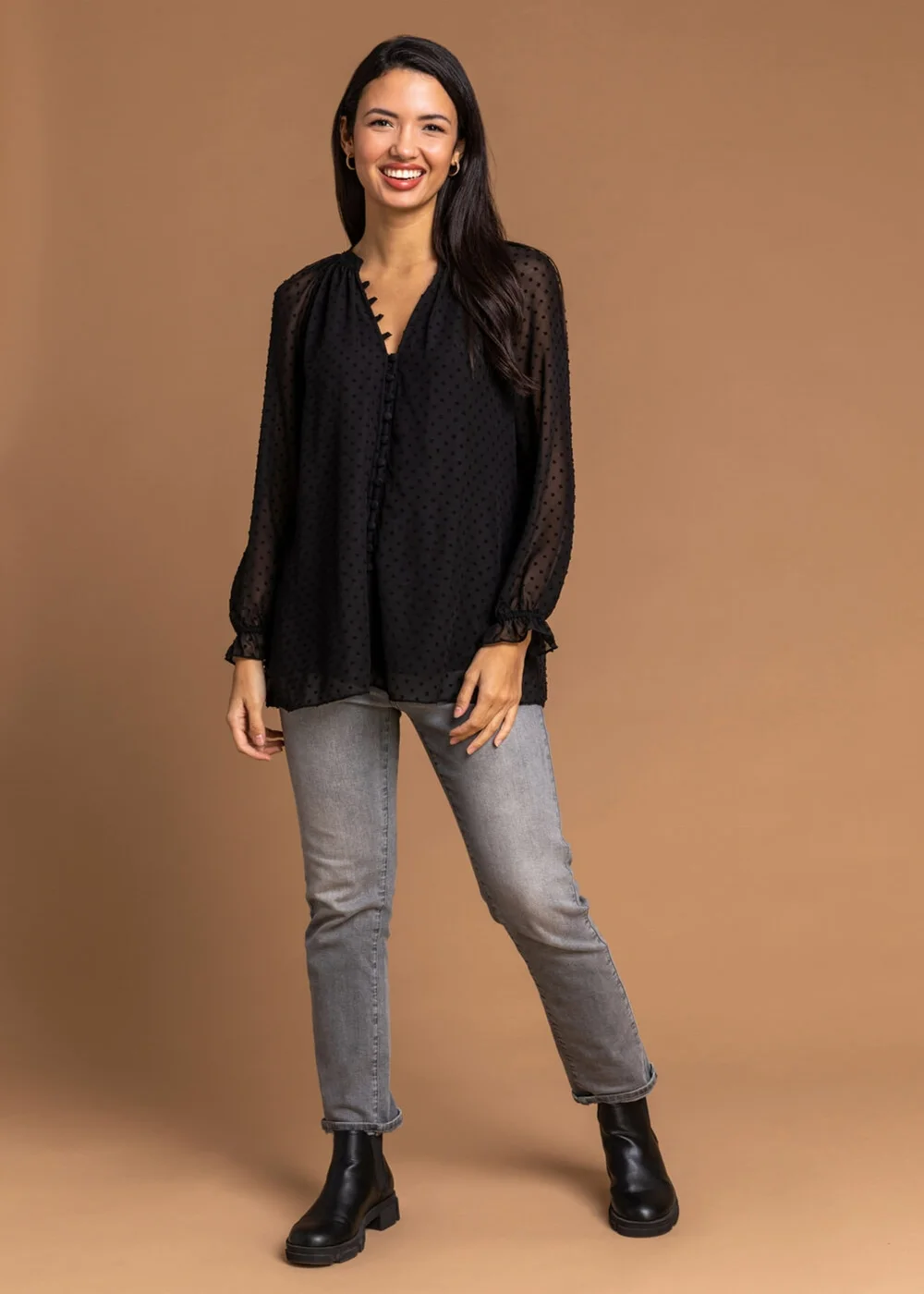 Roman Black Textured Spot Print Long Sleeve Chiffon Blouse - Size 16 Image 4