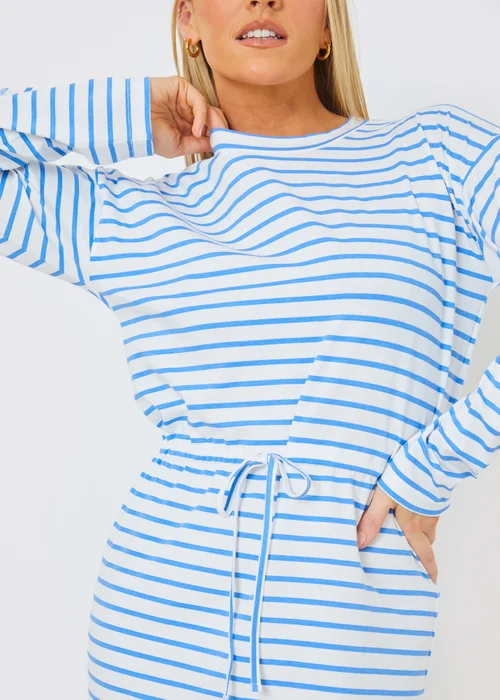 In The Style Blue Stripe Print Drawstring T-Shirt Dress - 22 Image 3