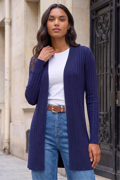 Roman Midnight Blue Longline Stretch Ribbed Cardigan - 10 Image 1