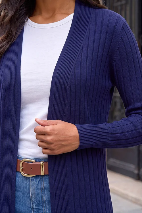 Roman Midnight Blue Longline Stretch Ribbed Cardigan - 10 Image 4