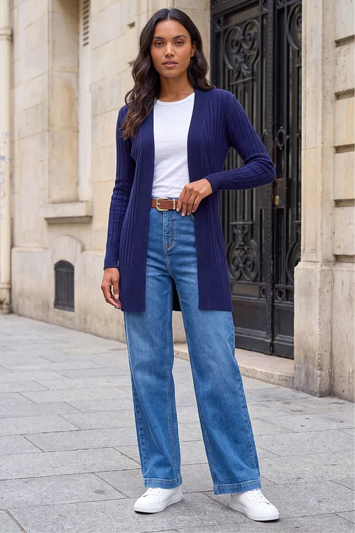 Roman Midnight Blue Longline Stretch Ribbed Cardigan - 10 Image 3