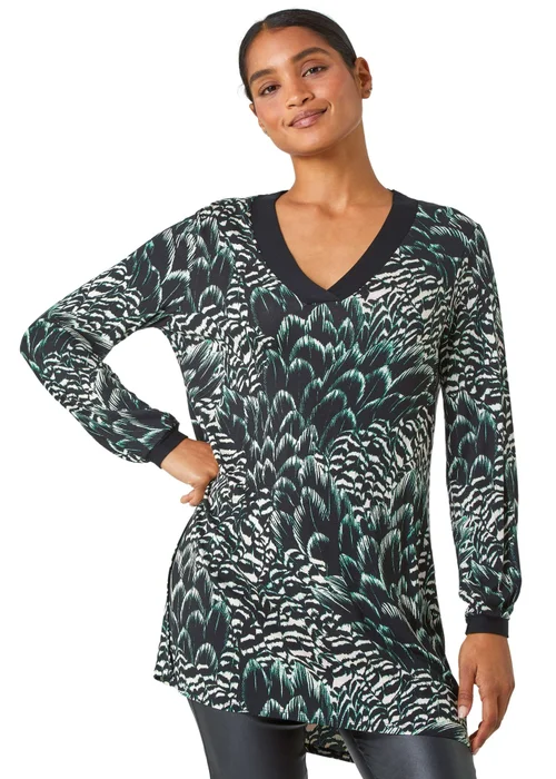 Roman Black Abstract Stretch Jersey Tunic Top - Size 8 Image 1