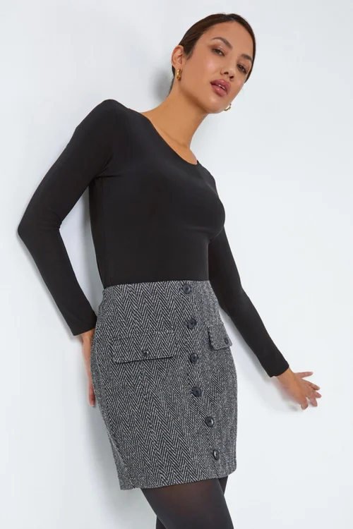 Roman Charcoal Tweed Look Button Elastic Waist Stretch Skirt - Size 8 Image 1