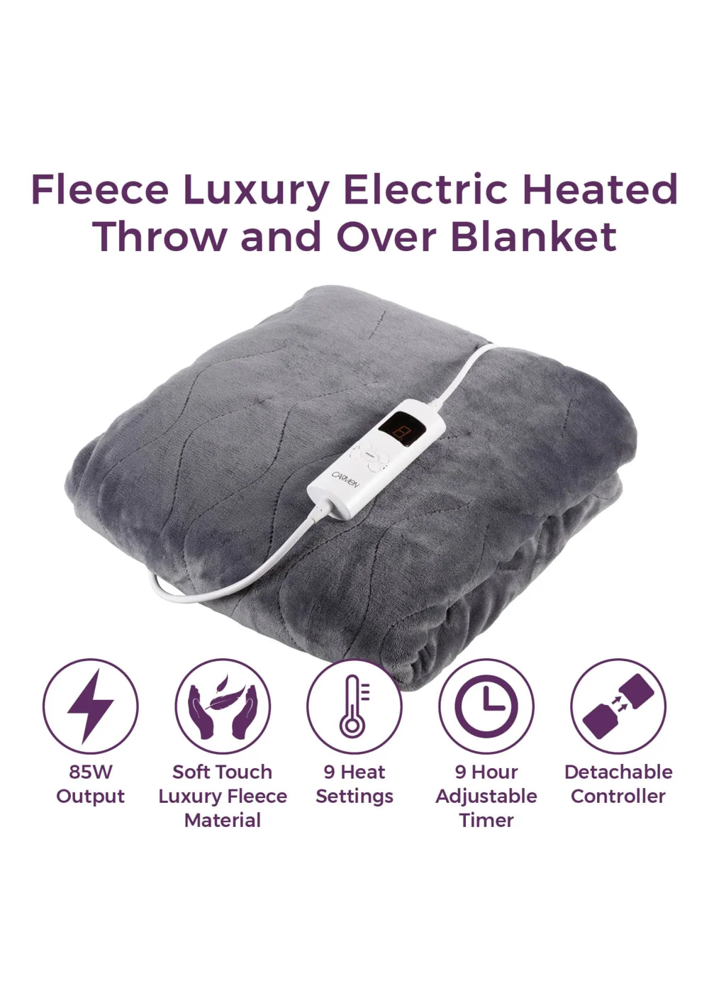 Carmen Fleece Luxury Electric Heated Throw and Over Blanket Grey - No Size Image 2