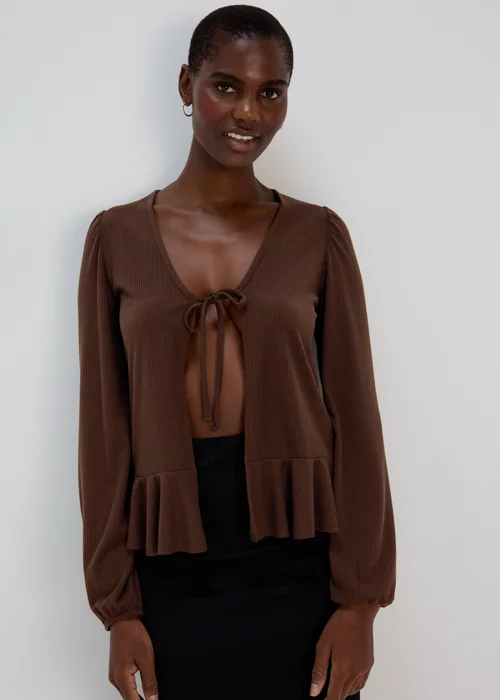 Chocolate Tie Neck Cardigan - 8 Image 3