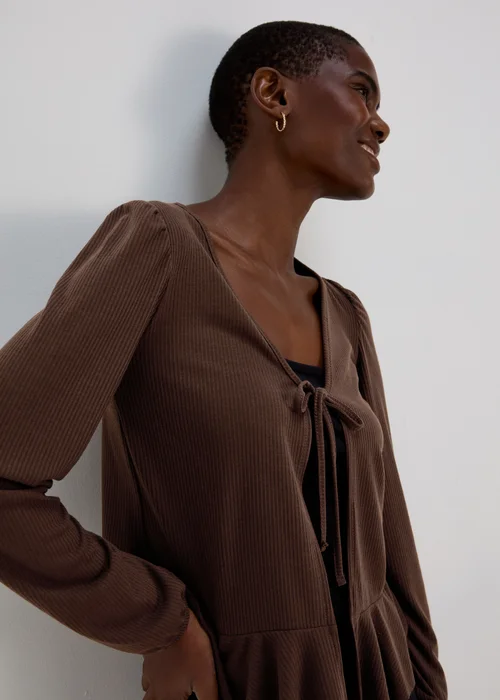 Chocolate Tie Neck Cardigan - 8 Image 1