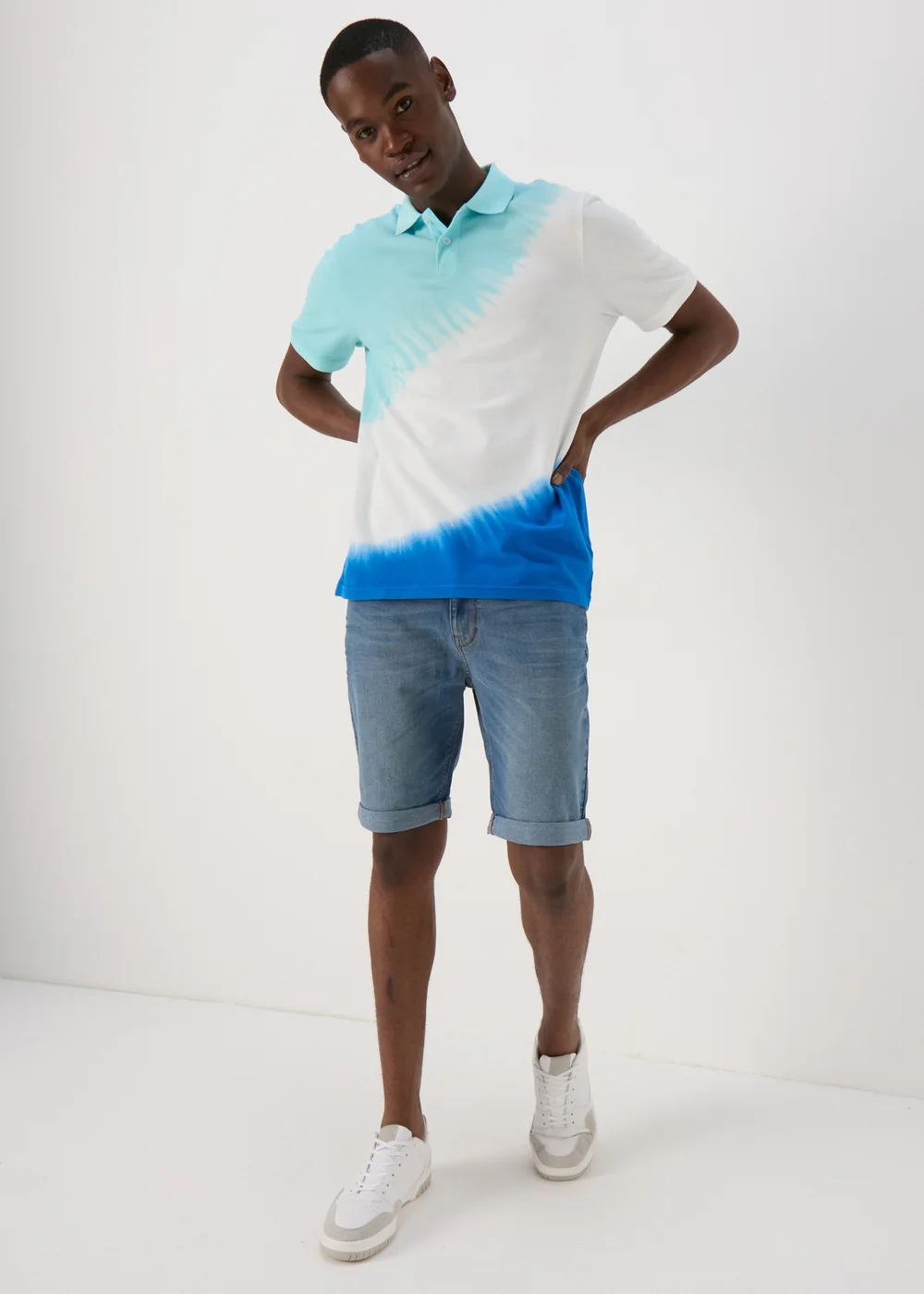 White & Blue Tie Dye Polo Shirt - S Image 4