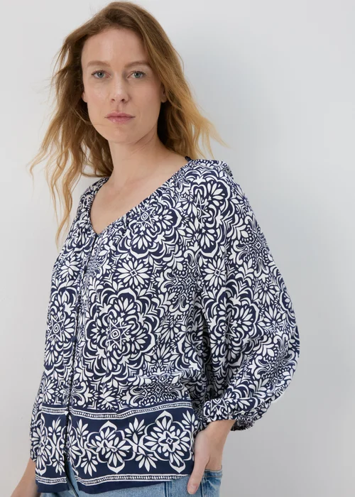 Navy Printed Button Down Blouse - Size 8 Image 1