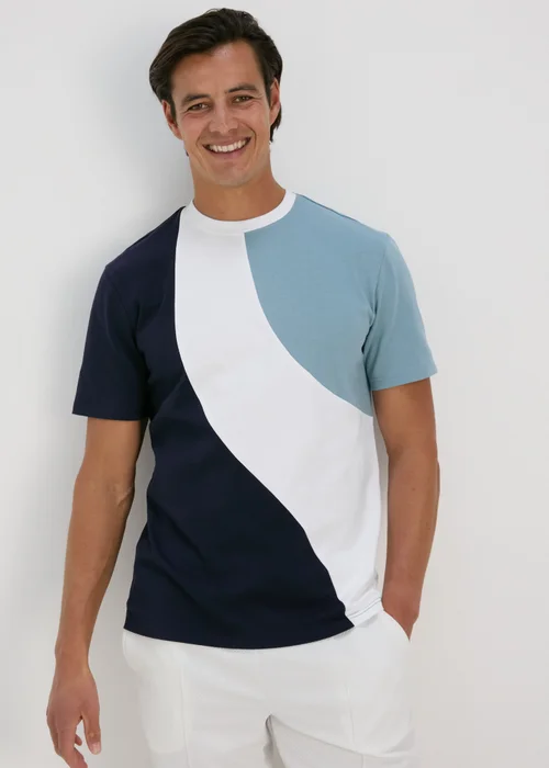White & Navy Cut & Sew Wave T-Shirt - S Image 2