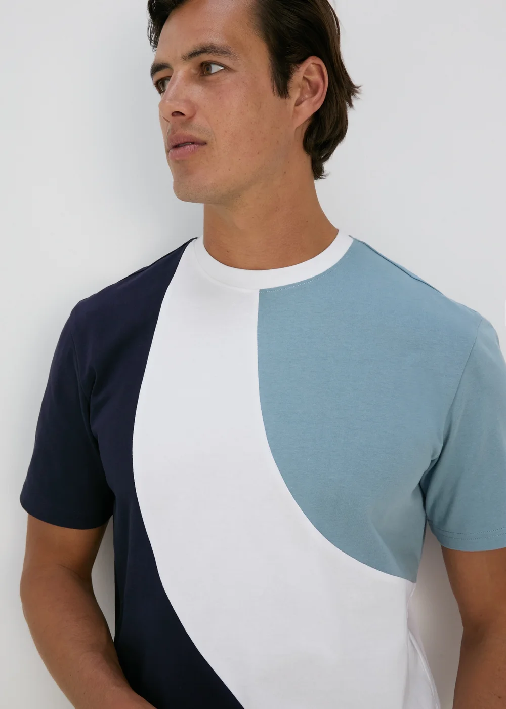 White & Navy Cut & Sew Wave T-Shirt - S Image 1