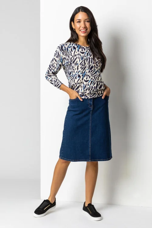 Roman Indigo Cotton Denim Stretch A line Skirt - 16 Image 1