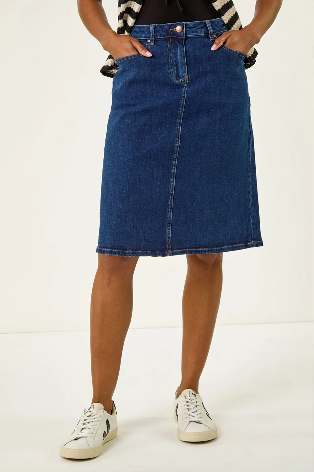 Roman Indigo Cotton Denim Stretch A line Skirt - 16 Image 4