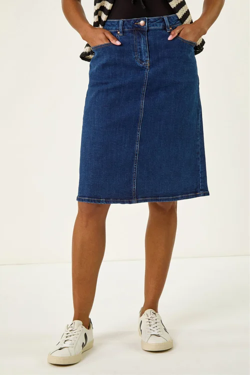Roman Indigo Cotton Denim Stretch A line Skirt - 16 Image 4