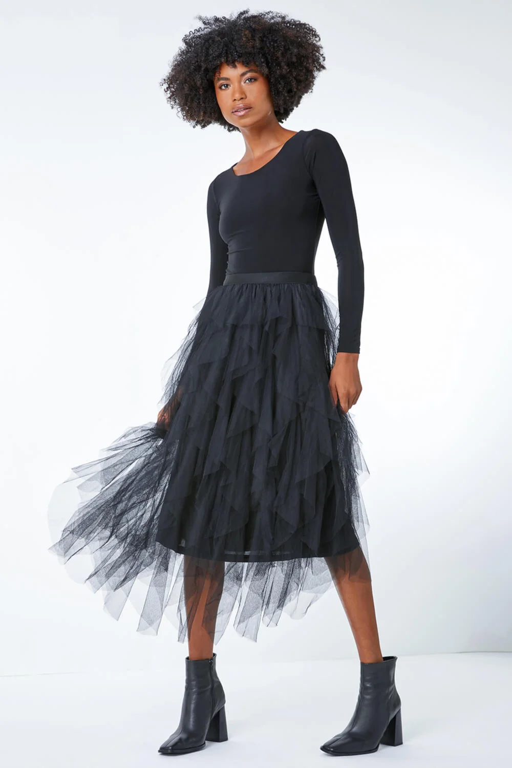 Roman Black Elastic Waist Mesh Layered A Line Skirt - 12 Image 1