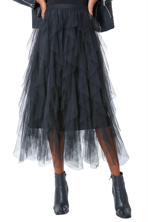 Roman Black Elastic Waist Mesh Layered A Line Skirt - 12 Image 2