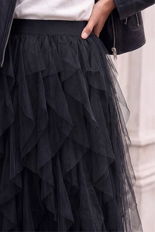 Roman Black Elastic Waist Mesh Layered A Line Skirt - 12 Image 4