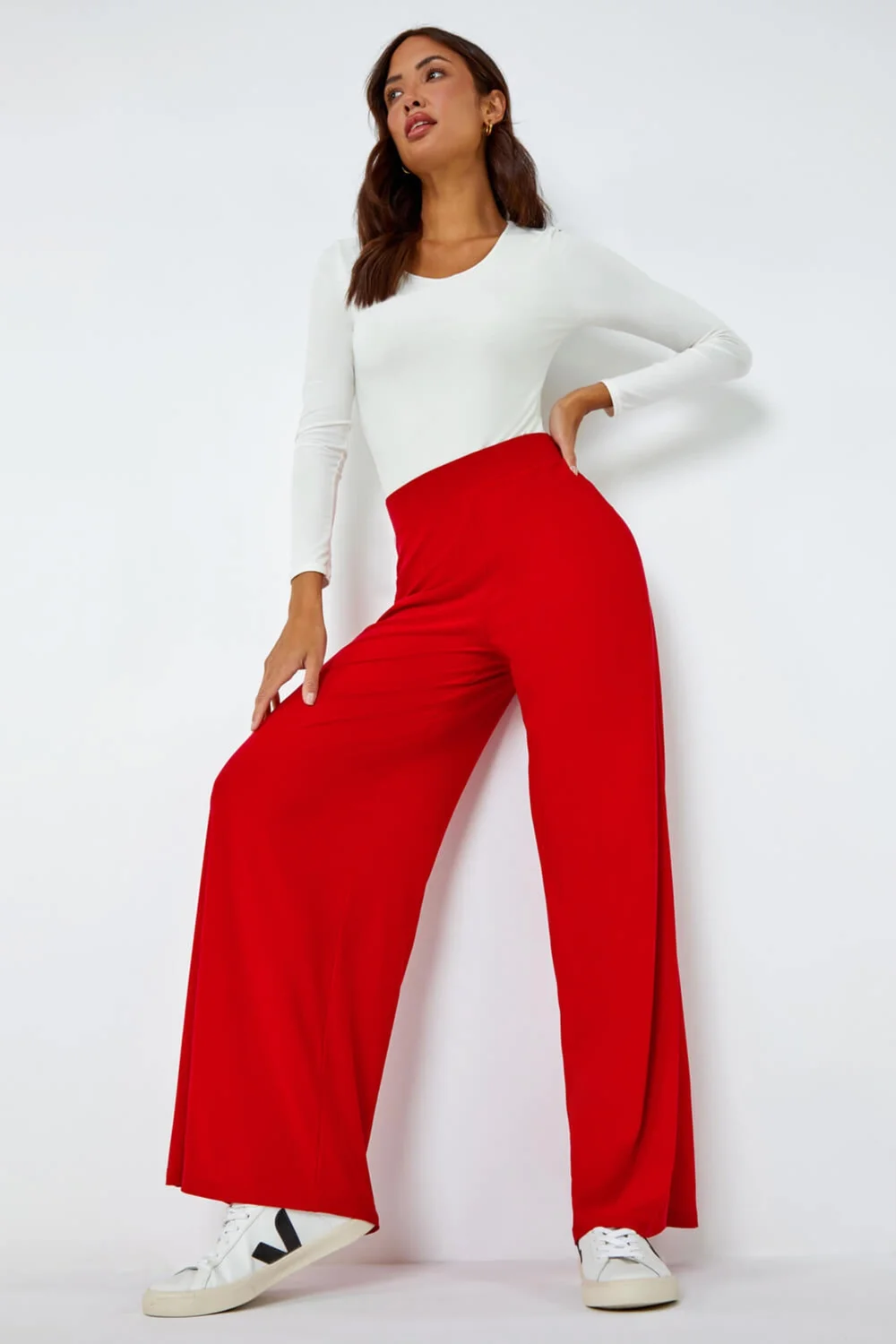 Roman Red Elastic Waist Wide Leg Stretch Trousers - 10 Image 3