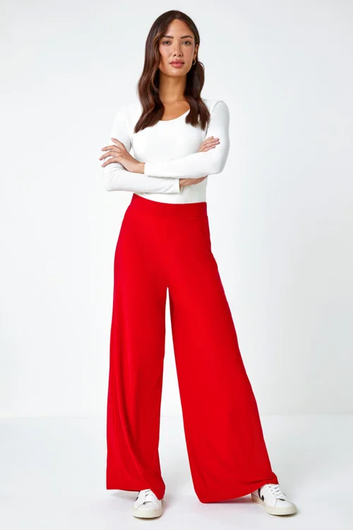 Roman Red Elastic Waist Wide Leg Stretch Trousers - 10 Image 1