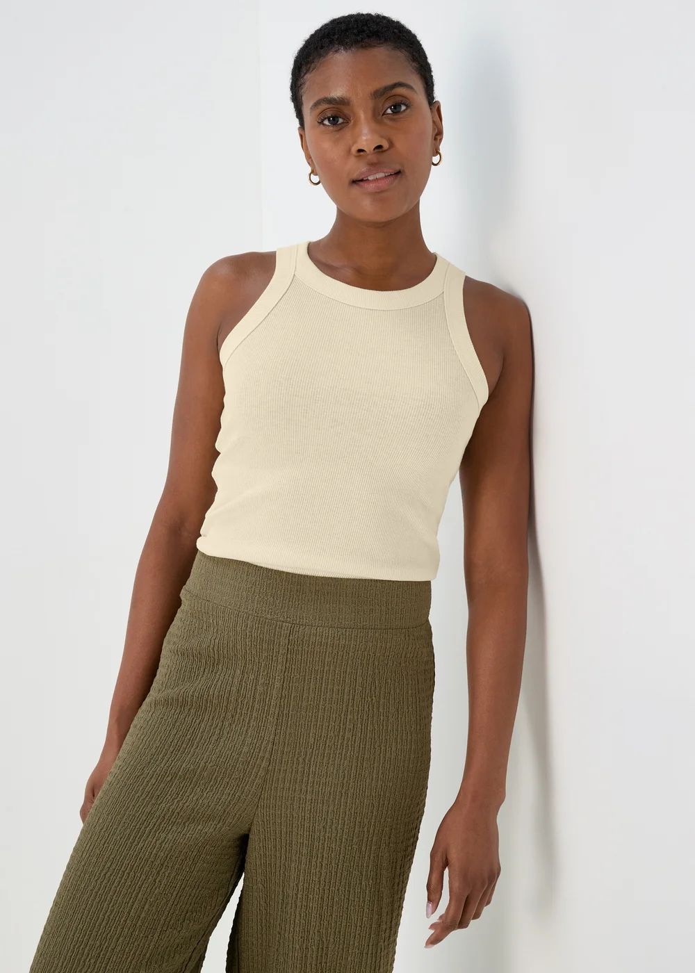 Cream High Neck Plain Ribbed Vest - 8 Image 1