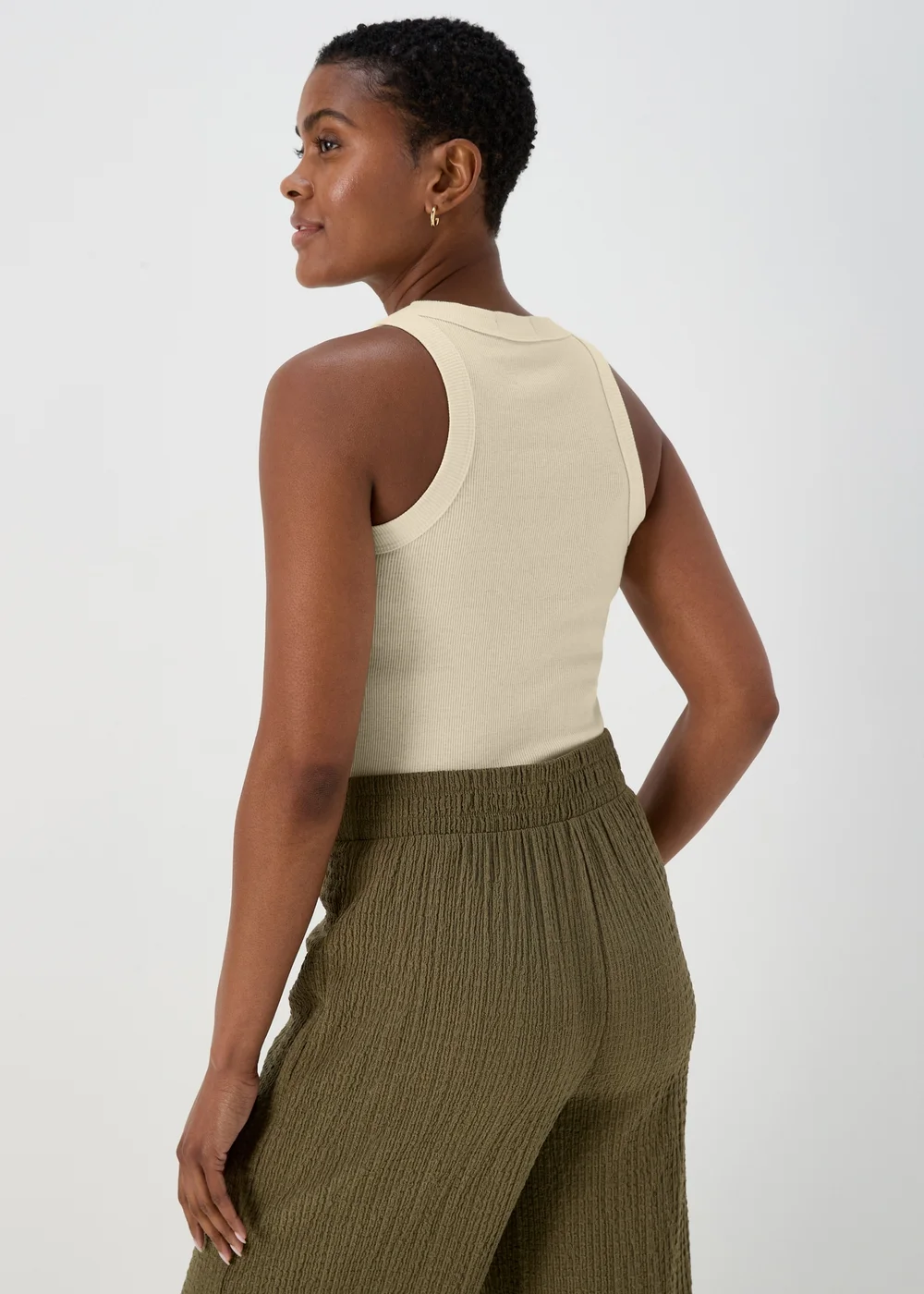 Cream High Neck Plain Ribbed Vest - 8 Image 2